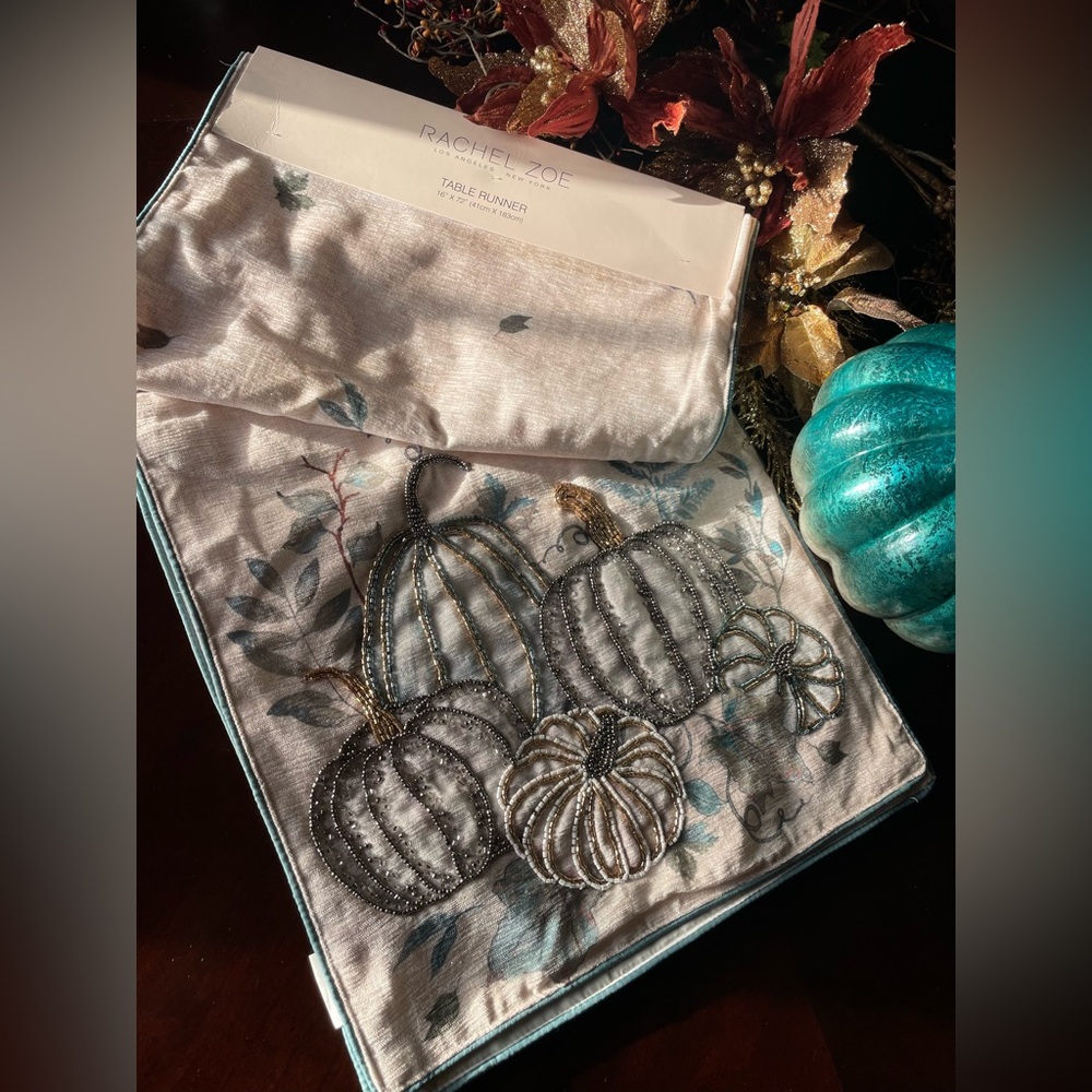 RACHEL ZOE NWT Fall Autumn Thanksgiving Beaded Pumpkins Decorative Table Runner